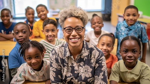 Afroamerican teacher happy smiling surrounded by kids, learning at school, multicultural class