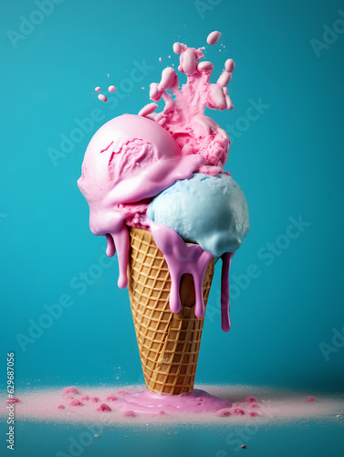 Melting ice cream cone. Splashing Delicious summer desset. Generative Ai