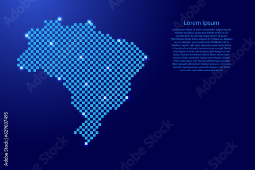 Brazil map from futuristic blue checkered square grid pattern and glowing stars for banner, poster, greeting card