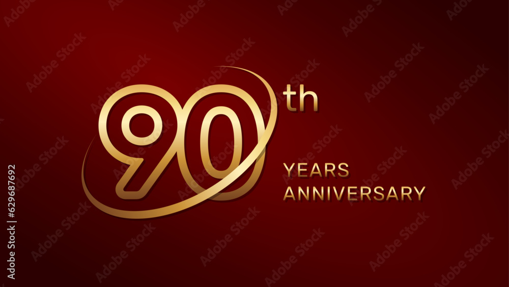 90th anniversary logo design in gold color isolated on a red background, logo vector illustration