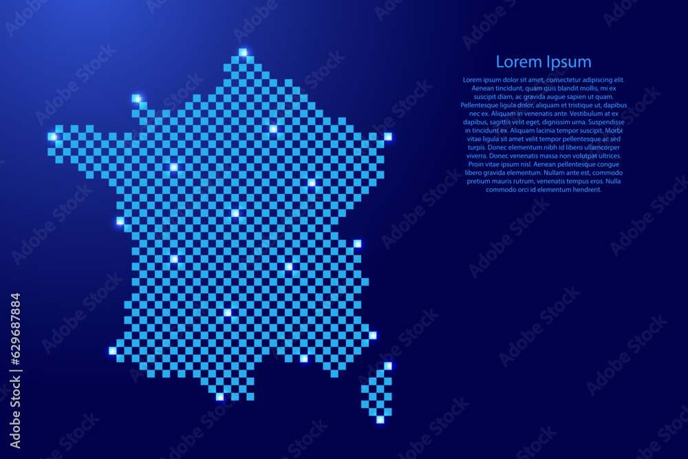 France map from futuristic blue checkered square grid pattern and glowing stars for banner, poster, greeting card