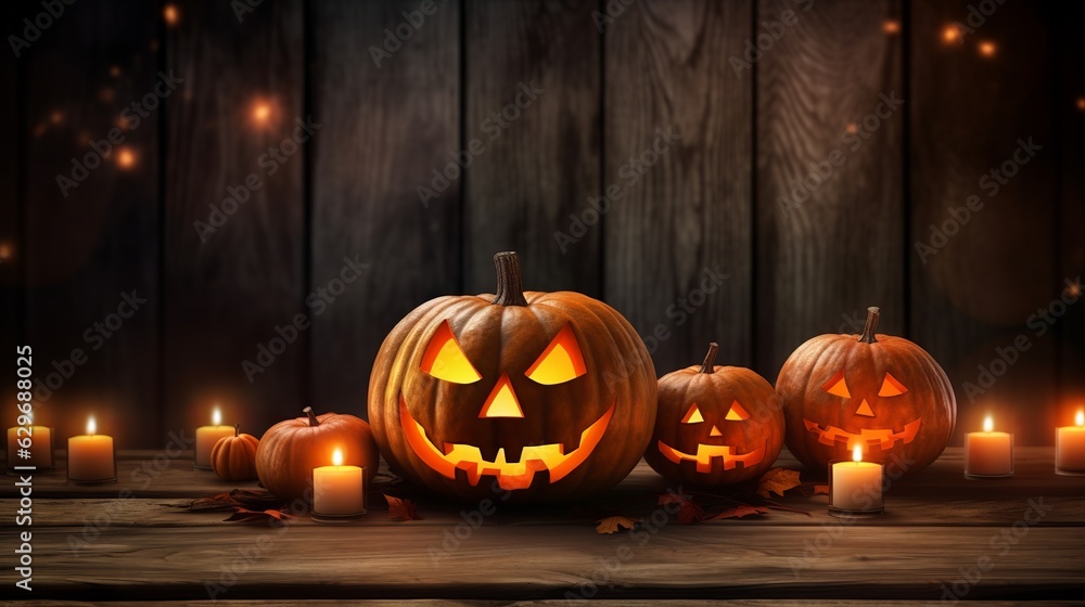 Fototapeta premium Halloween Pumpkin On Wooden Plank With Candles In A Spooky Night Generative AI
