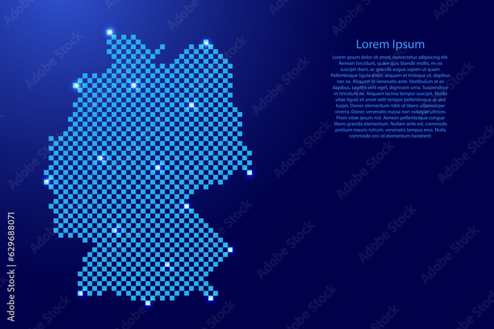 Germany map from futuristic blue checkered square grid pattern and glowing stars for banner, poster, greeting card