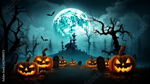 Halloween pumpkins and dark castle on blue Moon background, illustration Generative AI