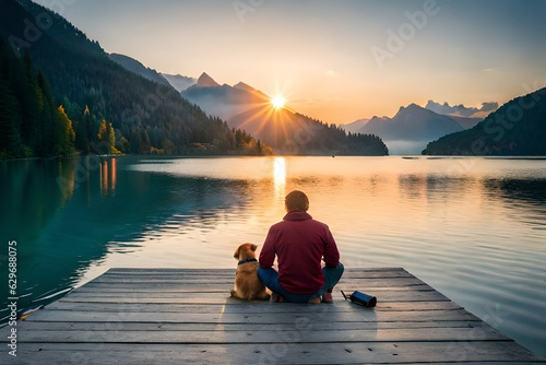 couple sitting on a pier at sunset generative with AI technology