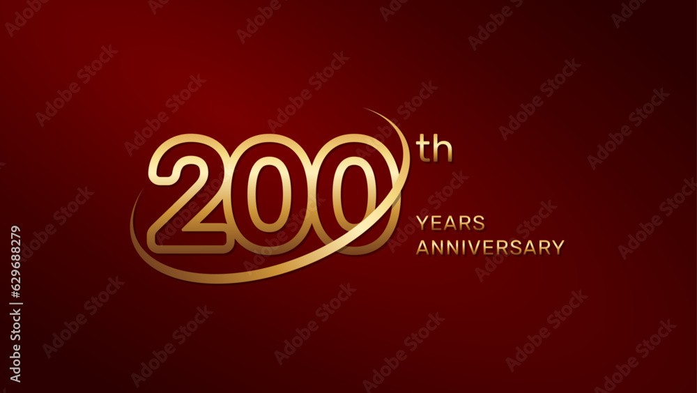200th anniversary logo design in gold color isolated on a red background, logo vector illustration