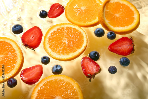 Different fruit slices in water on yellow background