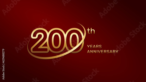 200th anniversary logo design in gold color isolated on a red background, logo vector illustration