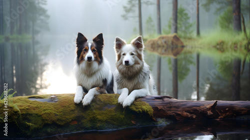 two dogs in forest near lake . Two cute border collies in summer at water in the fog