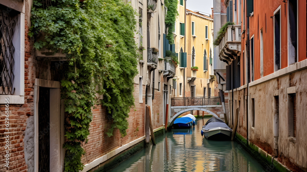 Venice, Italy a narrow canal with green tree.