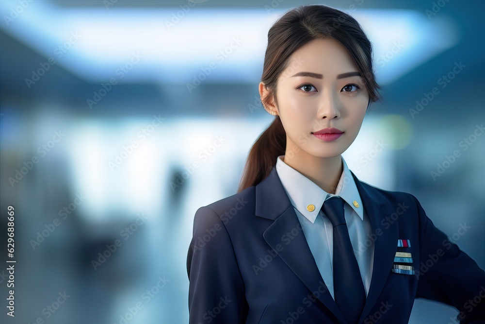Asian flight attendant smiling and looking at camera, women in specialized jobs Asian flight attendant smiling and looking at camera, women in specialized jobs