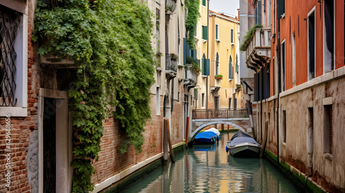 Fotografia Venice, Italy a narrow canal with green tree.