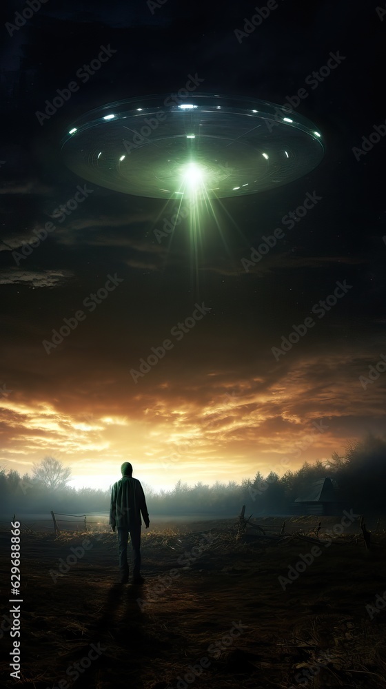 UFOs flying over a road among the trees during the night, strong lights, the arrival of aliens