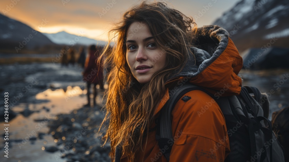 A beautiful woman stands near an icy lake. Generative AI A beautiful woman stands near an icy lake. Generative AI