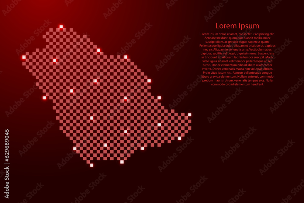 Saudi Arabia map from futuristic red checkered square grid pattern and glowing stars for banner, poster, greeting card
