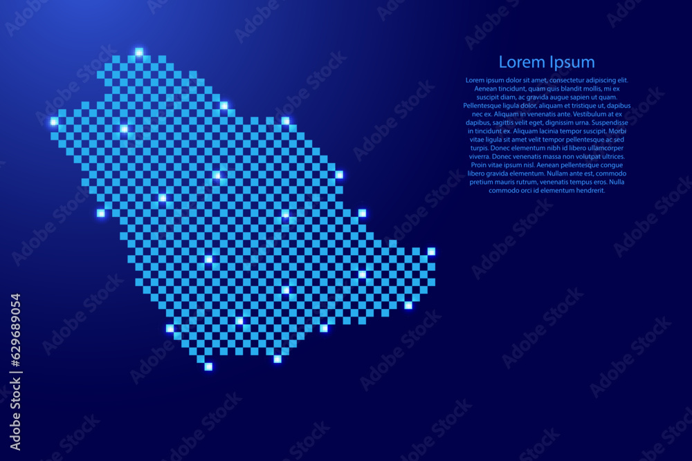 Saudi Arabia map from futuristic blue checkered square grid pattern and glowing stars for banner, poster, greeting card