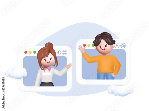 3d cartoon people concept Online Meeting, Virtual Conference Video call.