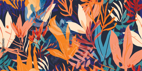 Creative jungle plants illustration pattern. Collage contemporary floral seamless pattern. Fashionable template for design.