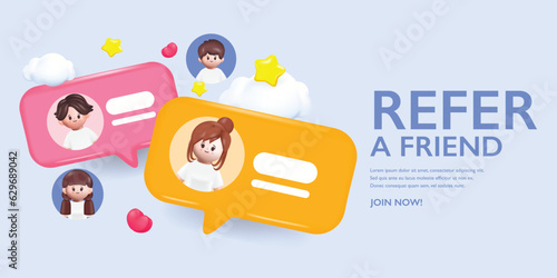 3d cartoon Refer a friend, Social media marketing for friends. Landing page template
