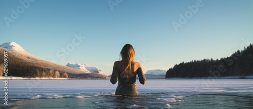 A beautiful woman swims in an icy lake. Generative AI