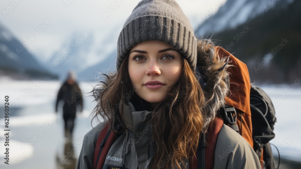 A beautiful woman stands near an icy lake. Generative AI A beautiful woman stands near an icy lake. Generative AI