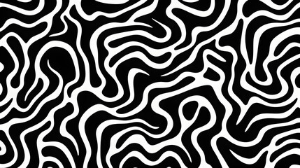 Wavy and swirled brush strokes vector seamless pattern. Bold curved lines and squiggles ornament. Seamless horizontal banner with doodle bold lines. Black and white wallpaper.