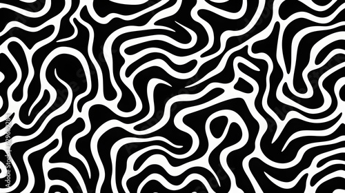 Wavy and swirled brush strokes vector seamless pattern. Bold curved lines and squiggles ornament. Seamless horizontal banner with doodle bold lines. Black and white wallpaper. photo