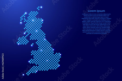 United Kingdom map from futuristic blue checkered square grid pattern and glowing stars for banner, poster, greeting card