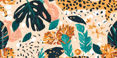 Hand drawn abstract jungle pattern with leopard print. Creative collage contemporary seamless pattern. Natural colors. Fashionable template for design © Eli Berr