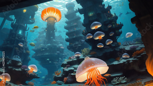 Illustration of a beautiful underwater city, submerged at the bottom of the blue ocean, surrounded by corals and small fish, bright and defined colors