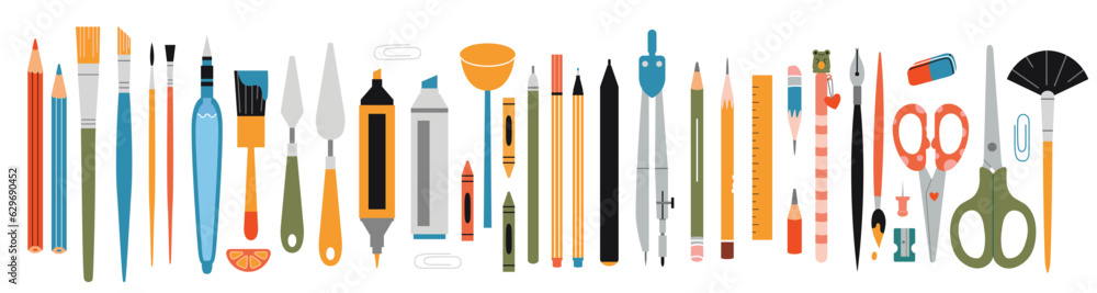 Big set with stationery and painting tools elements, cartoon style. Art supplies: brushes, pencil and markers. Trendy modern vector illustration isolated on white, hand drawn, flat design Big set with stationery and painting tools elements, cartoon style. Art supplies: brushes, pencil and markers. Trendy modern vector illustration isolated on white, hand drawn, flat design