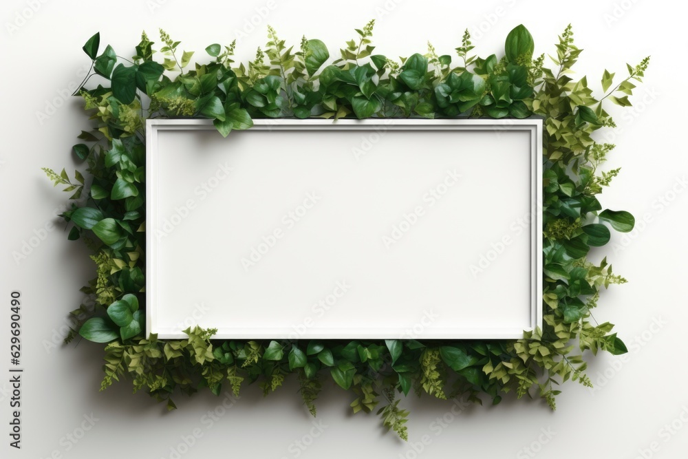 Mockup frame, A wooden frame layout embraced by the trailing tendrils of a luxuriant green plant along its boundaries. Generative AI Mockup frame, A wooden frame layout embraced by the trailing tendrils of a luxuriant green plant along its boundaries. Generative AI