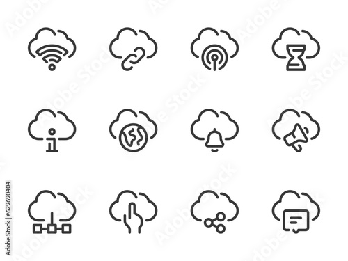 Cloud Computing Services and Configurations vector line icons. Online Storage Preferences outline icon set. Cloud Connection, Worldwide Center, Performance, Information, Response Time and more.