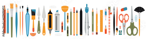 Big set with stationery and painting tools elements, cartoon style. Art supplies: brushes, pencil and markers. Trendy modern vector illustration isolated on white, hand drawn, flat design
