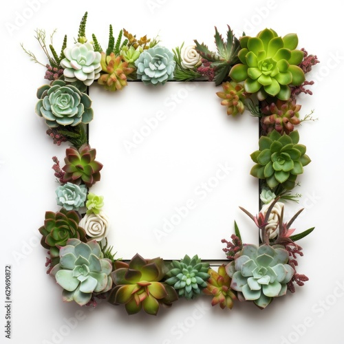 Mockup frame, Vibrant succulents arranged along the edges of a wooden frame layout, creating a captivating botanical display. Generative AI