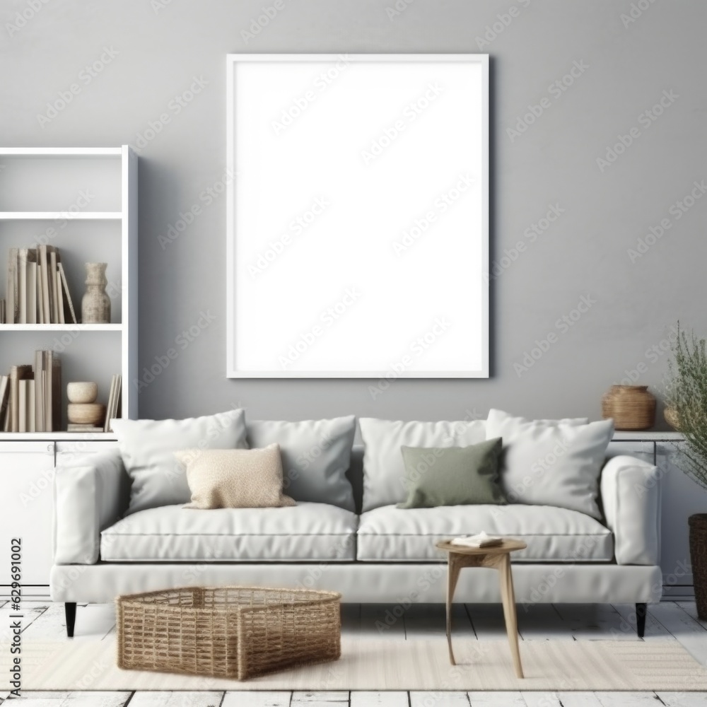 A frame mockup beautifully displayed on a pristine white wall. Generative AI A frame mockup beautifully displayed on a pristine white wall. Generative AI