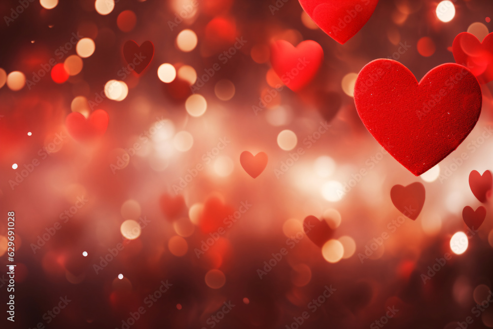 Red heart shaped bokeh background with a dreamy and romantic mood.
