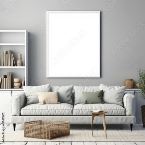 A frame mockup beautifully displayed on a pristine white wall. Generative AI