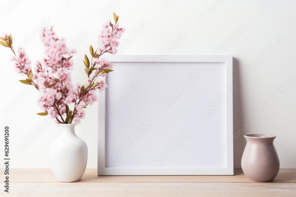 Mockup frame, White background mockup frame featuring a kitchen scene with elegant orchids. Generative AI