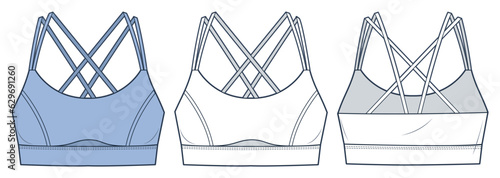 Sports Bra technical fashion illustration, blue design. Crop Top fashion flat technical drawing template, front and back view, white, women CAD mockup set.