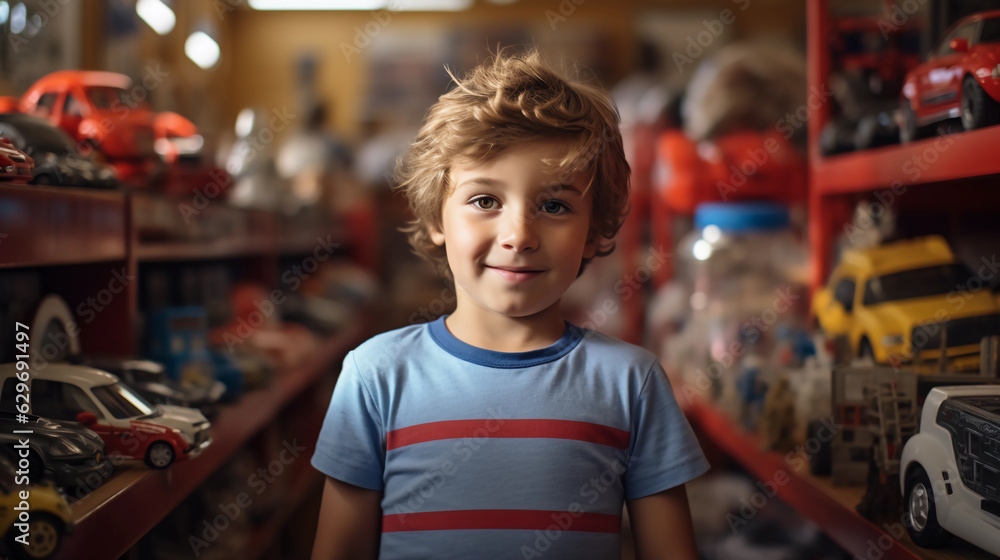 Young boy standing in a toy store and cool toys are behind in shelfs
