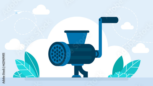 Meat grinder isolated. Manual Retro Meat Grinder. Mincer cartoon. Flat illustration of kitchen utensils. Cooking. Cook. Kitchen. Vector illustration