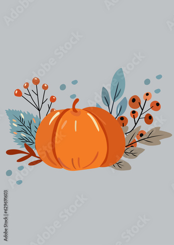 Autumn banner with pumpkin composition with colorful leaves, red berry. Perfect for web, banner, card and Thanksgiving. Vector illustration