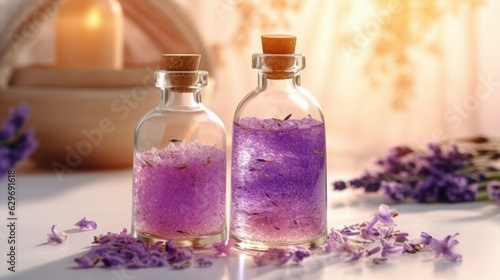 Aromatherapy Lavender Bath Salt and Massage Oil. AI generated