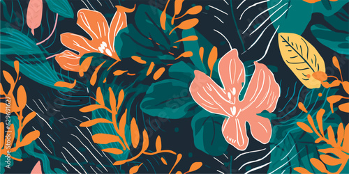 Modern exotic jungle plants illustration pattern. Contemporary floral seamless pattern. Fashionable template for design.