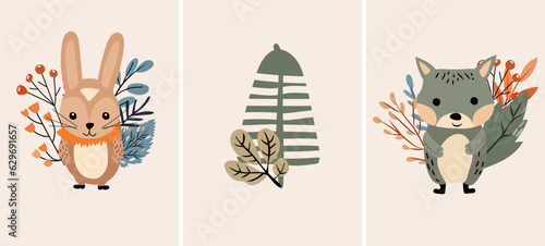 Autumn collection, charming forest creatures autumn elements, cute rabbit, funny raccoon, vibrant tree, fall leaves. Banners Ideal for web, harvest fest, banners, cards, Thanksgiving. Vector