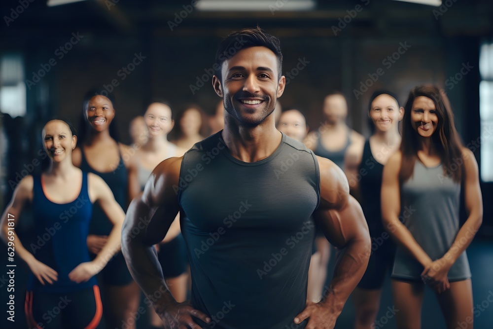Smiling Fitness Instructor Leading Motivated Class