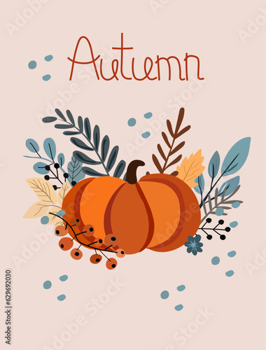 Autumn banner with pumpkin composition with colorful leaves, red berry. Perfect for web, banner, card and Thanksgiving. Vector illustration