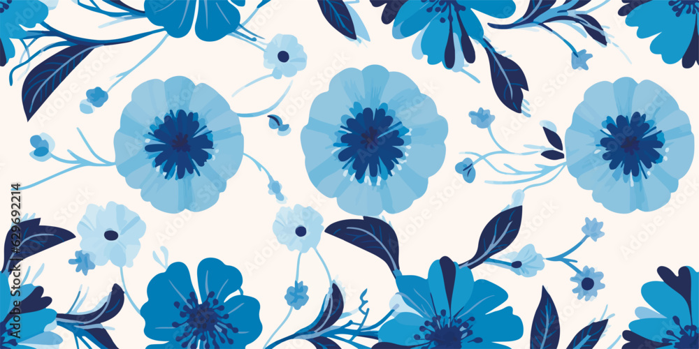 Modern hand drawn blue flowers ornament pattern. Abstract trendy print. Fashionable vector template