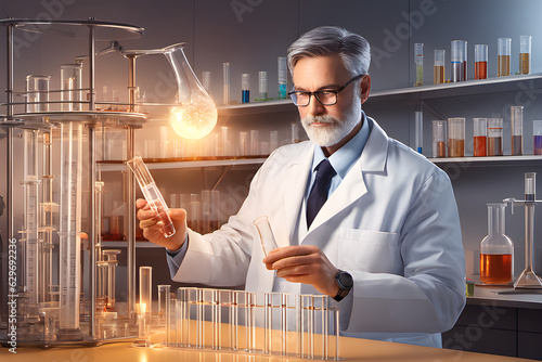 45 year old scientist works with test tubes, genrative AI